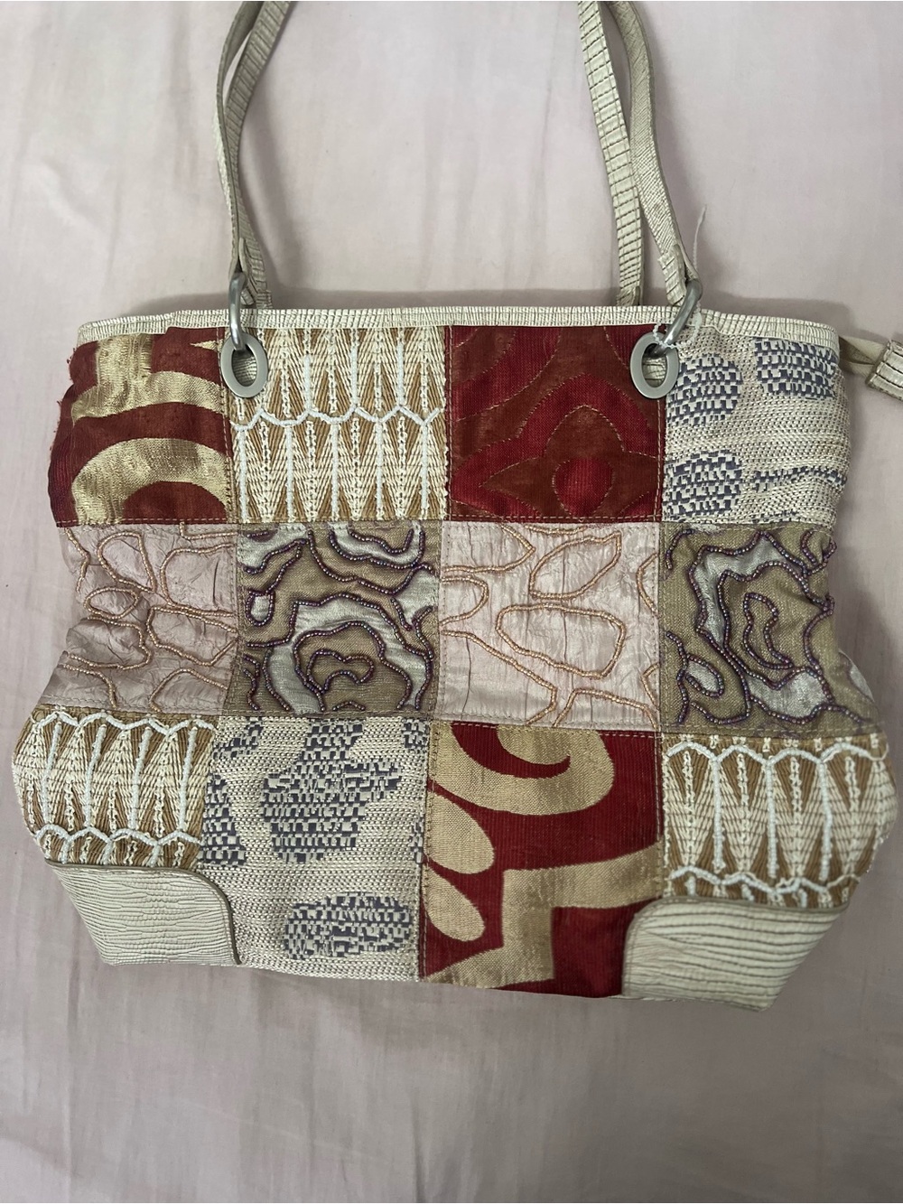 Vintage Beaded Patchwork Tote in Red, Cream and Beige